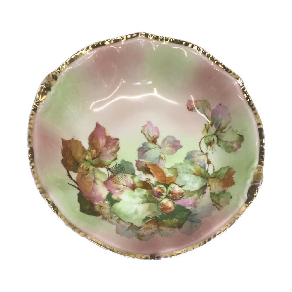 Antique Prussia Royal Rudolstadt Flower & Leaves Porcelain Bowl Gold‎ Trim
